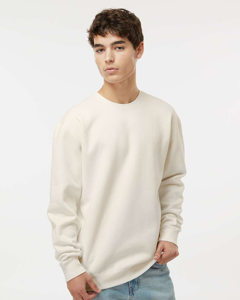Man wearing a Bone color 10oz. Heavyweight Crew - Tiflee Tradex Company