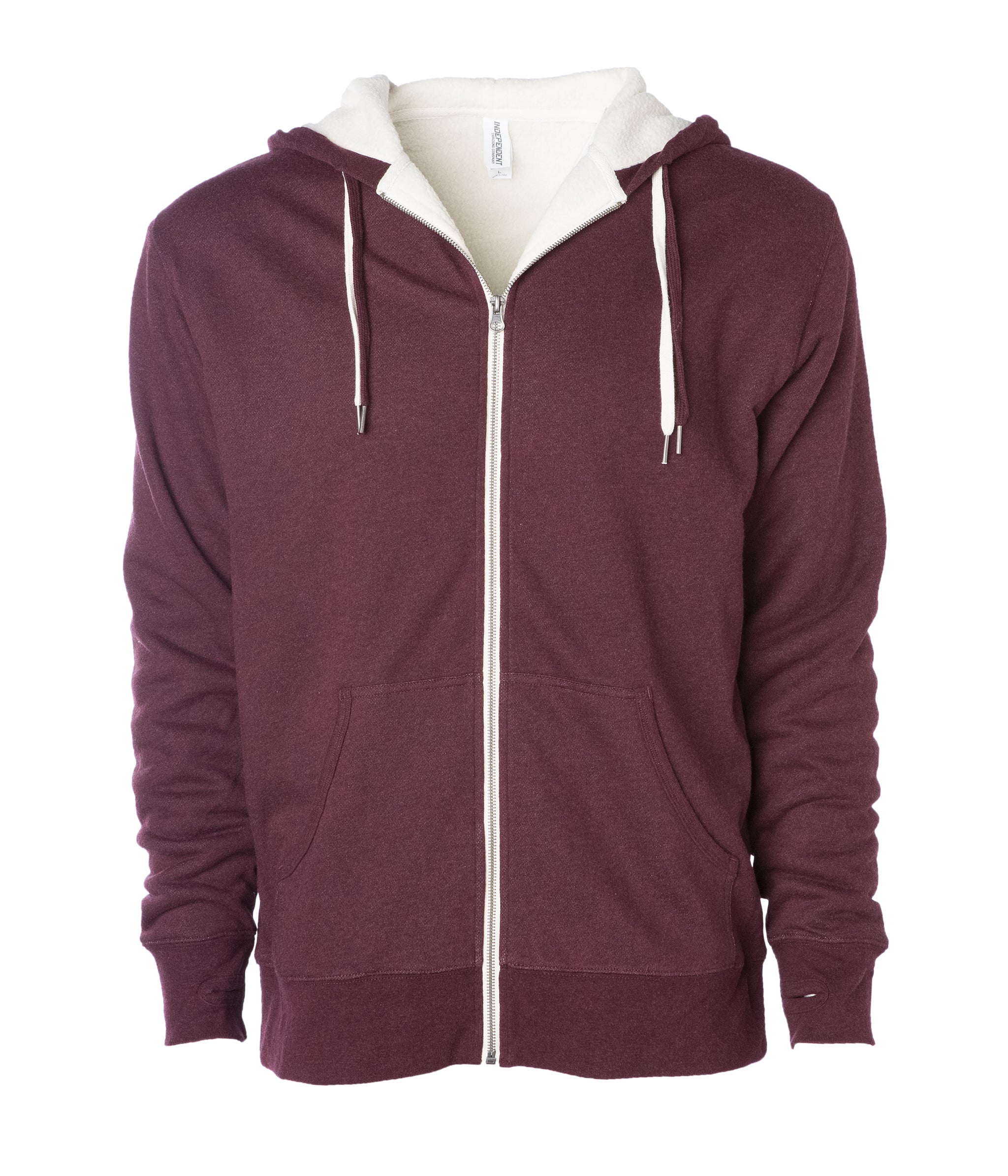 Unisex Heavyweight Sherpa Lined Heather Zip Hood in color Burgundy Heather