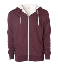 Unisex Heavyweight Sherpa Lined Heather Zip Hood in color Burgundy Heather