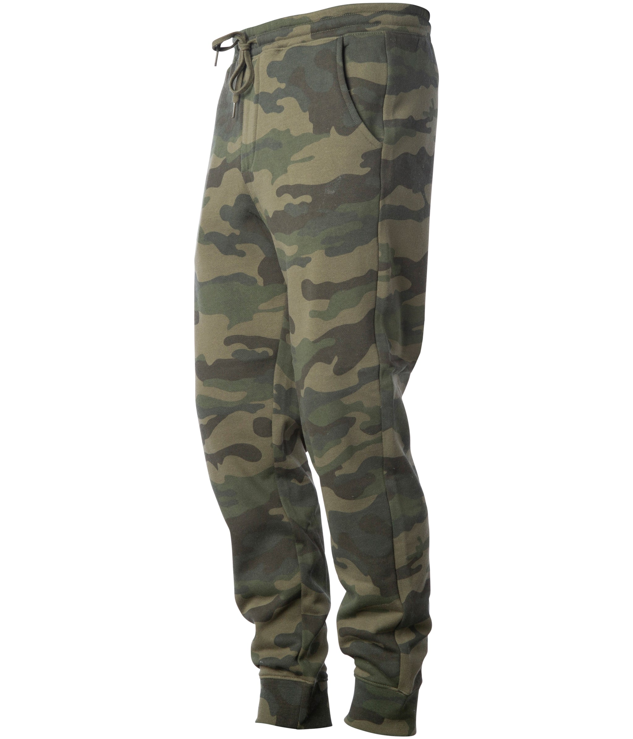 IND20PNT Men's Midweight Fleece Pant in color Forest Camo quarter turn.