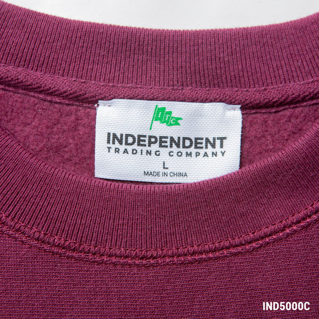 IND5000C Legend - Men's Premium 450gm Heavyweight Cross-Grain Crew tear away neck label on Maroon crew.