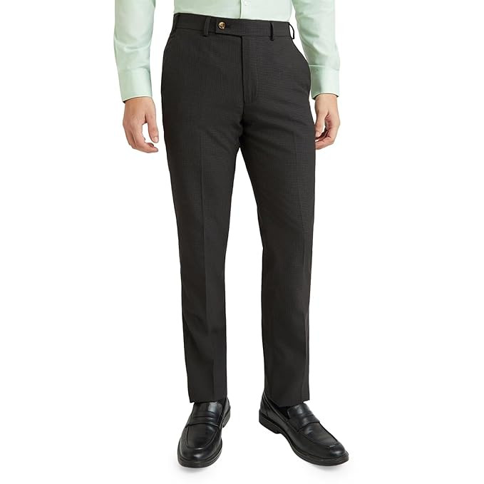 Park Avenue Men's Regular Fit Mid Rise Checks Pattern Poly Viscose Blend Flat Front Formal Trouser