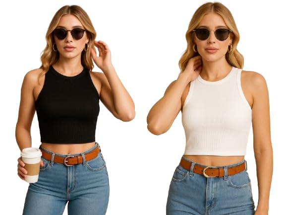 Women's Ribbed Sleeveless Crop Top Combo - Pack of 2 (Black & White) | Stretchable Cotton Blend | Stylish Summer Tank Tops for Girls & Women**